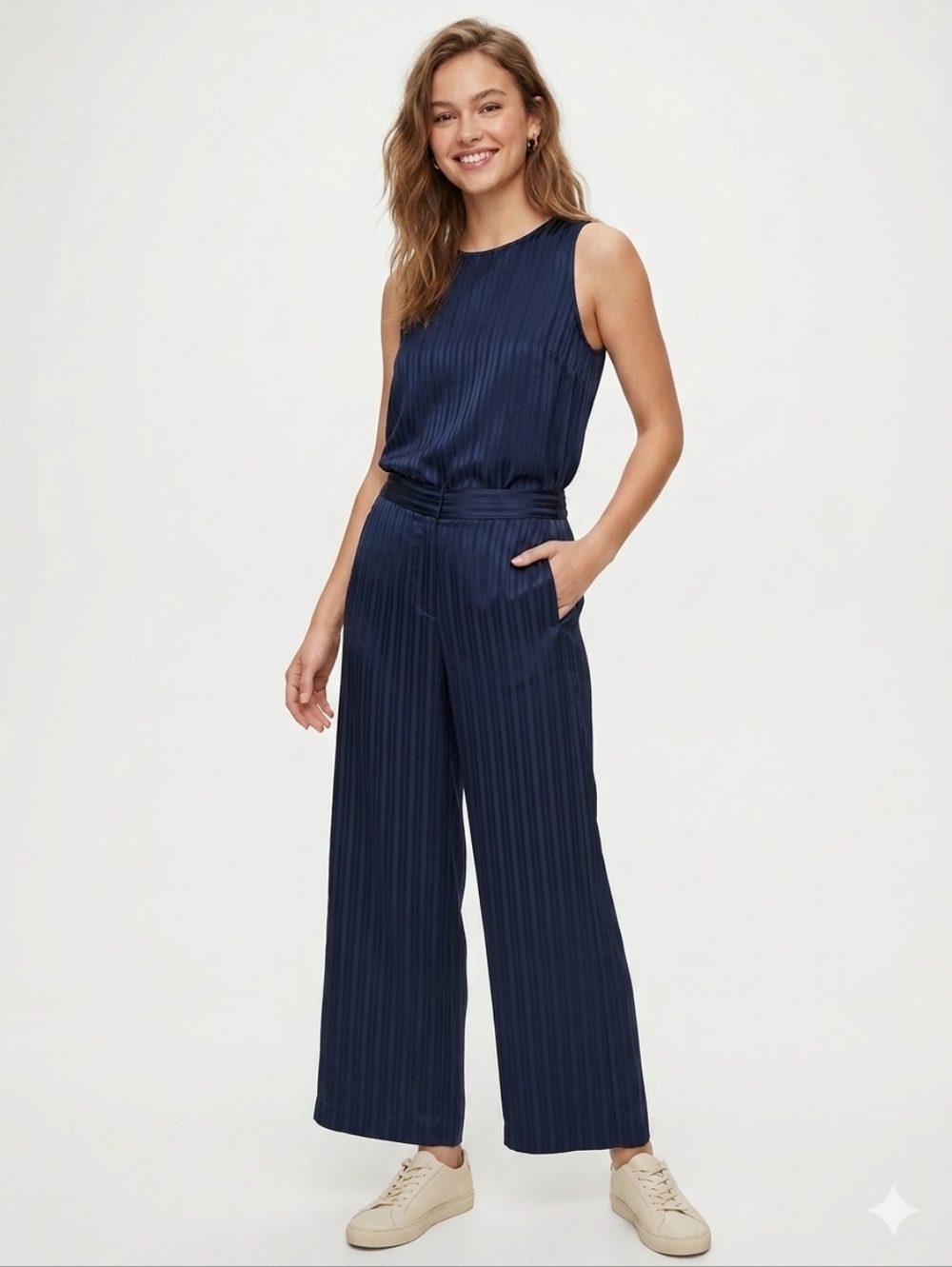 Aritzia Wilfred Silk Blend Wide Leg Striped Pants Cropped Altered Dark Blue Sz 0